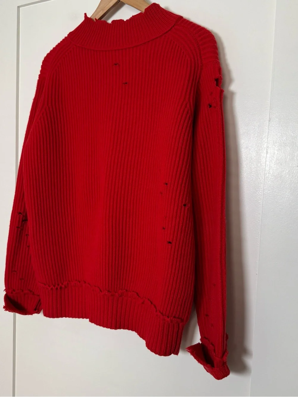 Helmut Lang Sweater Womens Sz S Red Ribbed Distressed V Neck Oversized 100% Wool